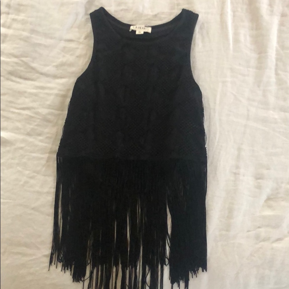 Textured Black Top with Long Fringe
